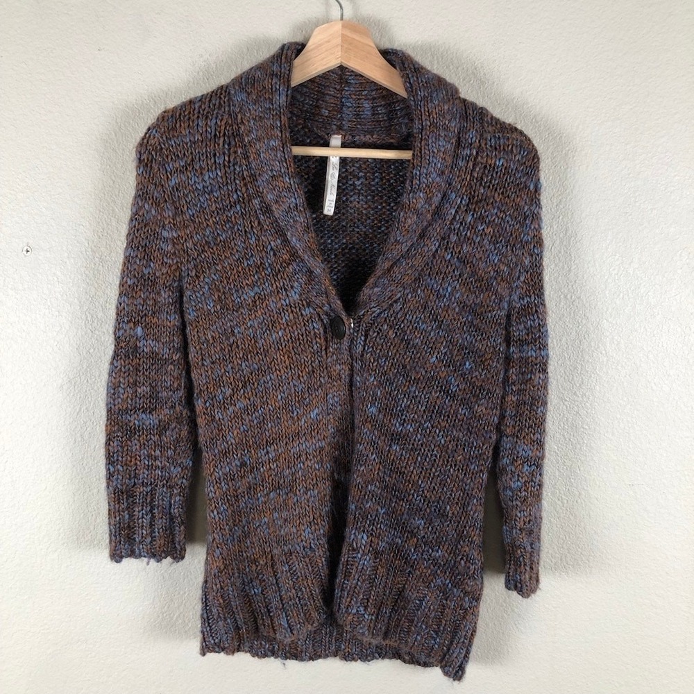 Leo & Nicole Marled Wool Blend Cardigan Sweater Womens M Brown Shawl Collar Boho